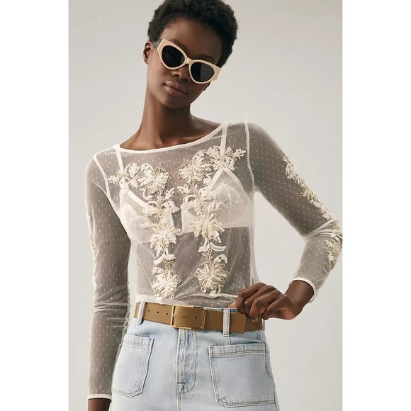 Maeve Tops - Maeve Sheer Embellished Top Anthropologie Beige Size XXS New